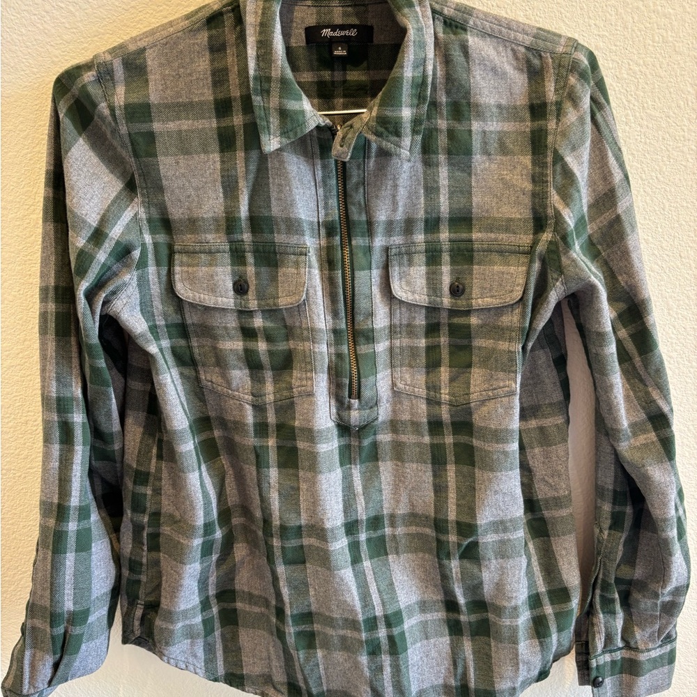 Madewell Green and Gray Plaid Half-Zip Shirt Jacket